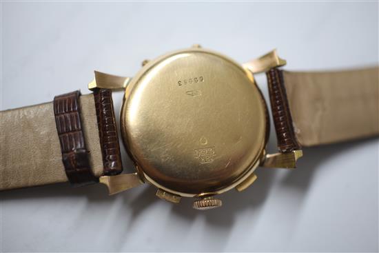 A gentlemans 1940s 18ct pink gold Lusina triple calendar chronograph manual wind wrist watch,